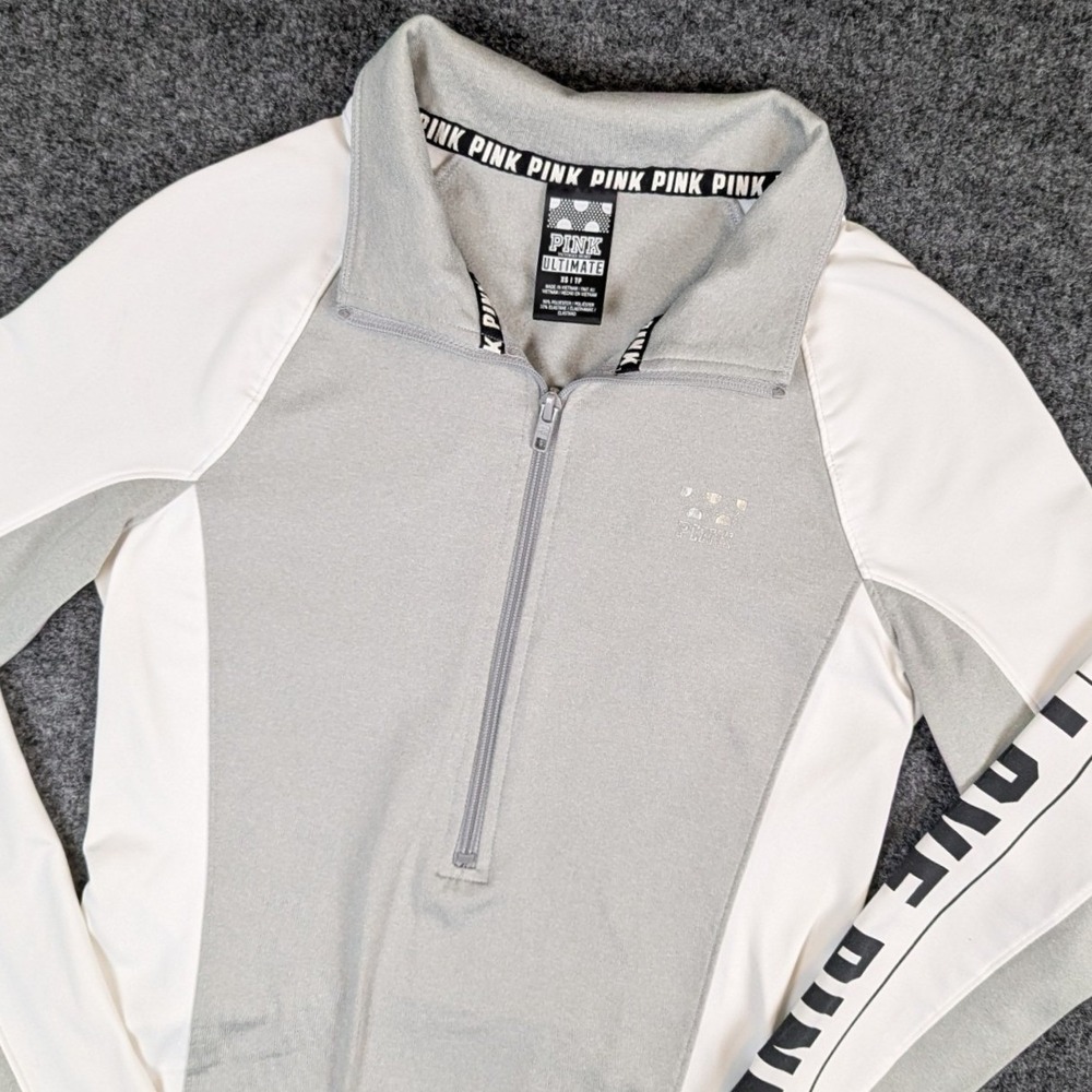 2015 Victoria's Secret PINK Ultimate Quarter Zip Up Pullover Grey White XS